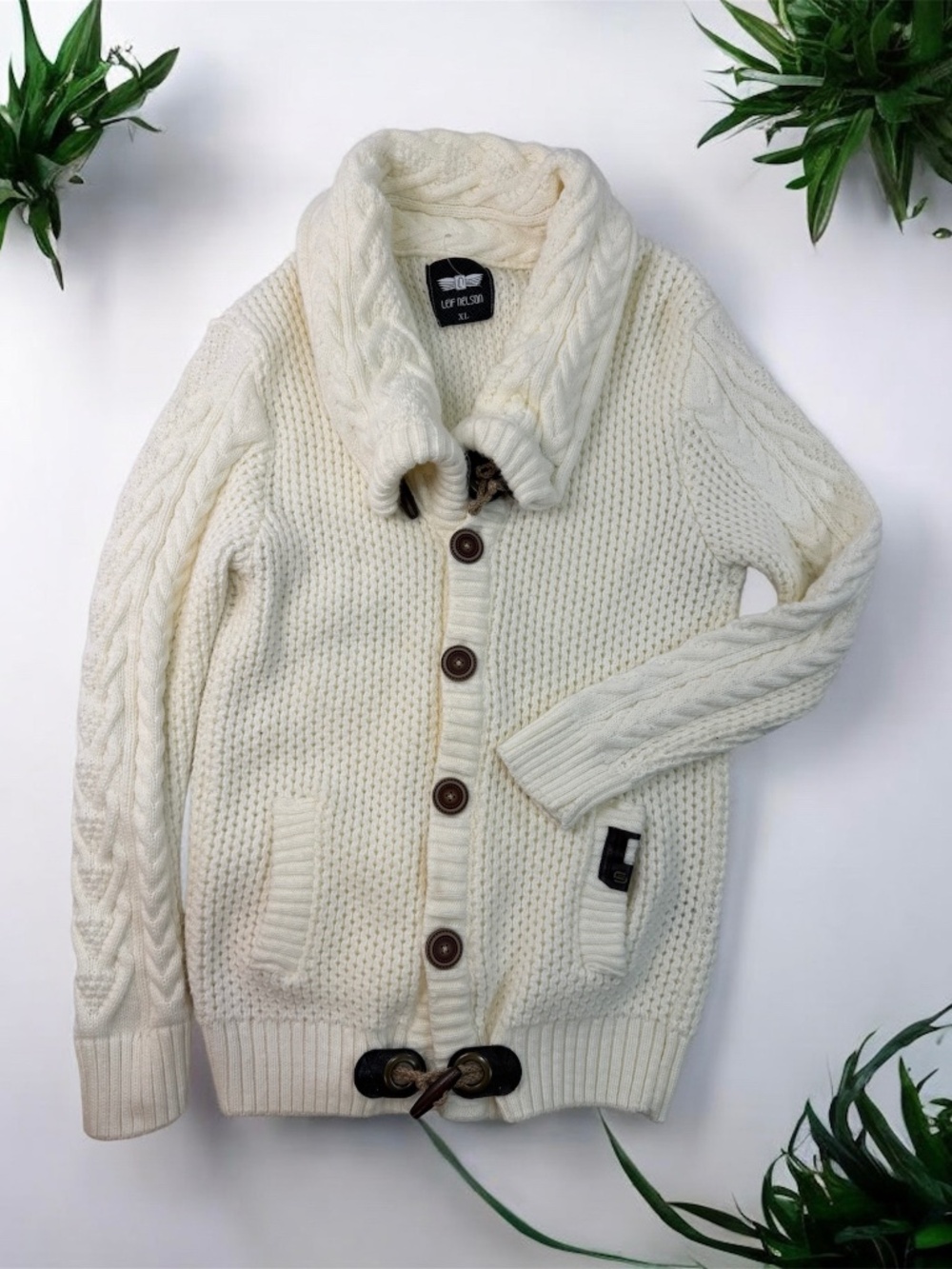 Leif Nelson White Cable Knit Sweater XL Toggle Cardigan Cozy